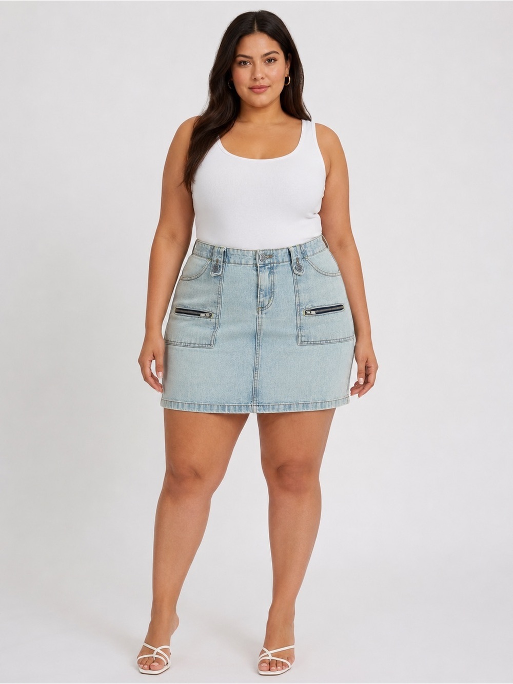 Vintage Light Wash Denim Mini Skirt - Casual Zip Pocket Skirt plus size 14